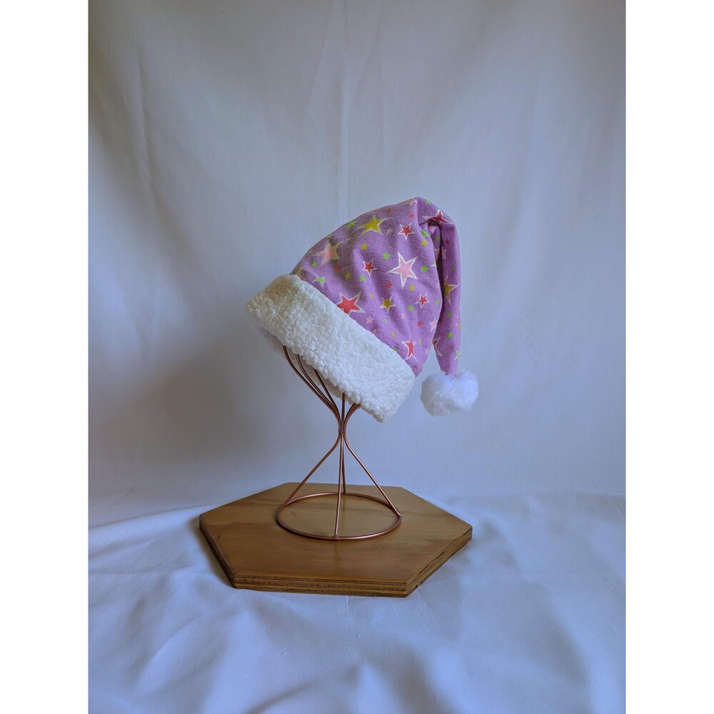 Light Purple Star Pattern Santa Hat | Handmade Cotton Flannel & Sherpa Faux Fur